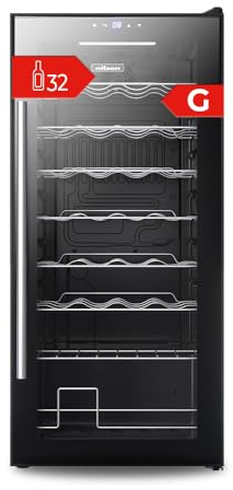 Nilson Vinoteca 32 Botellas Negro, NVN3200S. Cíclica, 39 dB Nivel Sonoro, Zona Única de Temperatura, Pantalla Digital, Luz Interior LED, Puerta Cristal, Apertura Tipo Uñero, Eficiencia Energética G