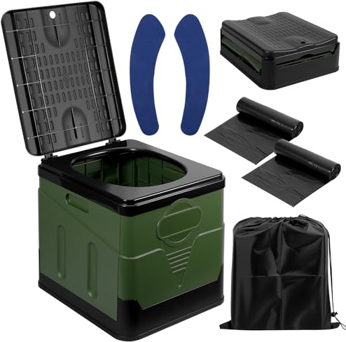 Zorplex Toilette de Camping Portable Pliable, WC de Voyage Léger avec Coussin, 24 Sacs Jetables & Sac de Transport, Seau Hygiénique Compact Max 150 kg, Idéal pour Camping, Randonnée, Voiture