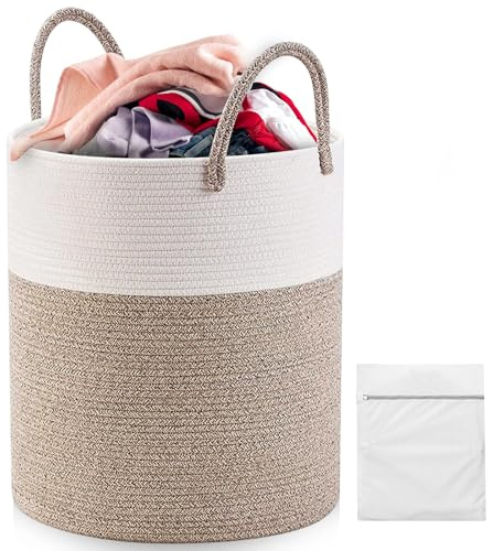 Cesto per il bucato in corda di cotone, 58L – Con 2 borse per il bucato, manici rinforzati, ideale per bucato, giocattoli e coperte(Bianco/Beige)