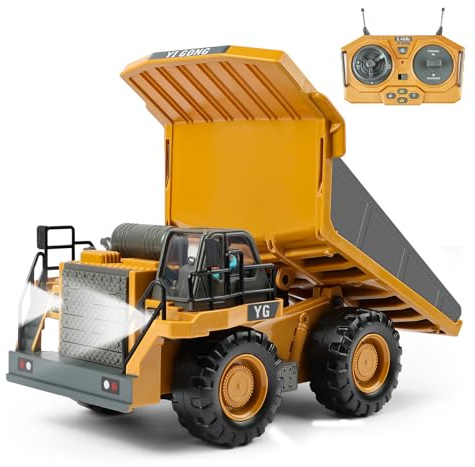 Aolso Camión Volquete Control Remoto, Vehículo Construcción RC con 9 Canales, 2.4GHz RC Coche de Juguete con Luces y Sonidos para Niños Niñas 3+ Años