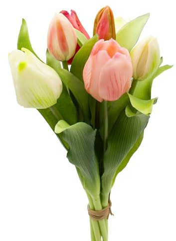 mucplants künstliche Tulpen Tulpenbündel mit 4 Tulpen und 3 Tulpenknospen real Touch (Creme/Pink Combo)