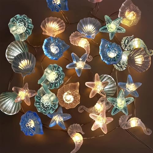 Kaleora Meerestiere Lichterkette, 2M 20 LED Seepferdchen Seestern Wellhornschnecken Muschel Lichterkette Batteriebetrieben, Maritime Lichterketten für Schlafzimmer Hochzeit Party Deko