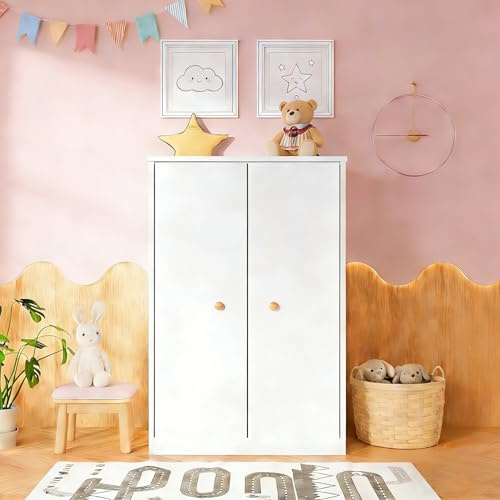 HAUSPROFI Kleiderschrank klein mit Stange, 2‑türiger Kleiderschrank weiß aus MDF 80 x 50 x 120 cm, schmaler Kinderschrank für Schlafzimmer und Kinderzimmer (Weiß)