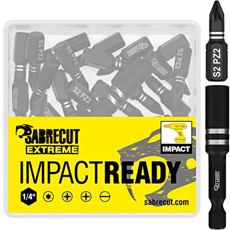 21 punte per cacciavite a percussione SabreCut SCPA25_21 da 25 mm PZ2 Set Single Ended PoziDriv POZI No.2 per impieghi gravosi con supporto per punte e scatola di immagazzinaggio