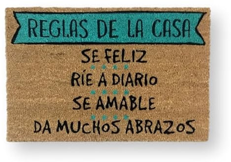 koko doormats Felpudo Entrada Casa Original de Coco Natural “Reglas de la Casa” | Alfombra de Entrada Antideslizante para Exterior e Interior | 60x40 cm | Diseño Divertido | Base PVC Segura