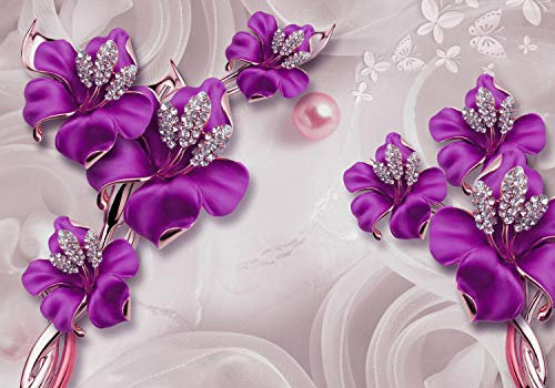 wandmotiv24 Fototapete Violett Abstrakte Blumen, XXL 400 x 280 cm - 8 Teile, Wanddeko, Wandbild, Wandtapete, Schmetterlinge, Diamanten, Modern M2006