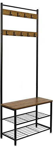 Meerveil Porte Manteau, Meuble d’Entrée Vestiaire avec Étagère Chaussures à 3 Niveaux, 9 Crochets Amovibles, Cadre en Métal, pour Entrée, Couloir, 70 x 32 x 175 cm, Marron Rustique et Noir