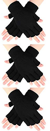 SATINIOR 3 Paires Demi-Doigts Gants en Tricot Sans Doigts d'Hiver pour Hommes Femmes (Noir)