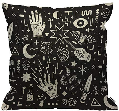 HGOD DESIGNS Magische Hexerei Kissenbezug, Handaugen, Mond, Totenkopf, Katze, Fledermaus, Schlange, Dolch, Pilz, Schlüssel, Wurfkissen, Heimdekoration, für Wohnzimmer, Schlafzimmer, Stuhl, 45 x 45 cm
