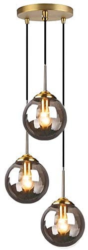 LFsem Industriell Retro Pendelleuchte Glaskugel Hängelampe Leuchte Messingbeschläge Deckenleuchte für Wohnzimmer Esszimmer Schlafzimmer Küchenbar (grau, 3 Lichter)