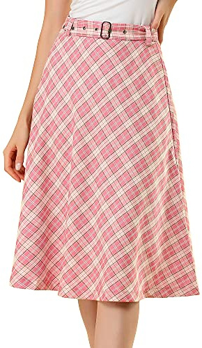 Allegra K Women Vintage Plaid Tartan High Waist Belted A-Line Midi Skirt