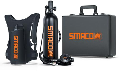 SMACO Bouteille de Plongée Mini Scuba de 2L, Durée de Fonctionnement de 25-30 Mins, Portable Kit de Réservoir de Plongée Cylindre de Plongée pour Divertissement sous-Marin/Travail, Paquet A, Noir