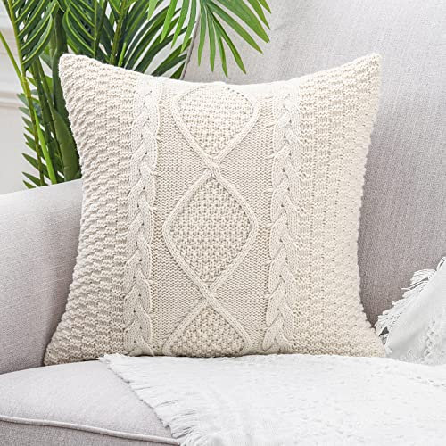Mandioo Cotton Knitted Beige Cushion Covers 40cm x 40cm 16x16 Inch Decorative Square Soft Cozy Outdoor Throw Pillow Cases Luxury Modern Pillowcases for Couch Sofa Bed Livingroom