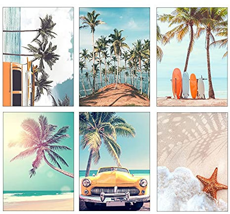 OYFFL 6 Stücke Leinwand Poster Set Pfingstrose Blume Poster Tropische Landschaft Kokospalme Blatt Surfbrett Malerei Natur Poster Wandkunst Dekorieren Für Wohnkultur (40 * 60cm No Frame,6)