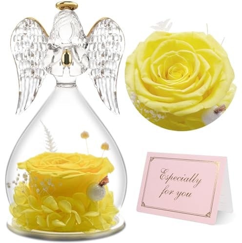 Yamonic Rosa Eterna Regalo Donna, Rosa Stabilizzata con Angelo di Vetro Regalo Mamma Compleanno, Angeli Custodi Regalo Nonna, Statuette Angeli con Fiori Eterni Festa della Mamma Idee Regalo Natale