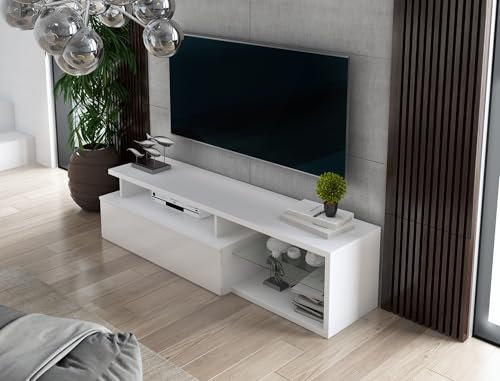 Dmora - Meuble TV Baltico, Buffet de Salon, Armoire Basse pour TV, Base Murale de Rangement, 160x38h41 cm, Blanc et Blanc Brillant
