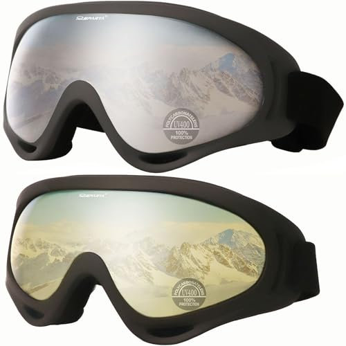 OUTDOORSPARTA 2-Pack Schnee Skibrille Snowboardbrille Motorradbrille für Männer Frauen Jungen Mädchen (3. Grauer Rahmen, Klare Linse; Schwarzer Rahmen, Gelbe Linse)