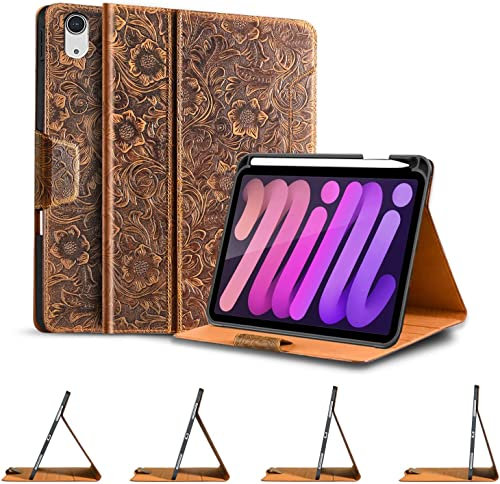 Bueuwe Case for iPad Mini 6 8.3 inch 2021,Genuine Leather Cover with Magnetic Buckle,Pencil Holder,Made from Real Leather Cowhide, Brown