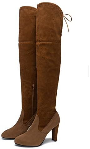 Remxi Stivali da donna sopra il ginocchio stivali alti coscia stivali lunghi con zip elastica stivali tacco alto per le donne, Marrone, 38.5 EU