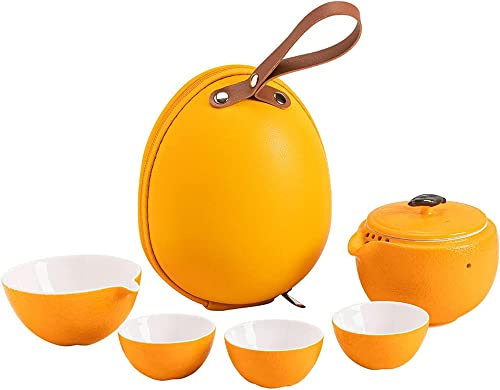 Portable Kungfu Tea set, Orange Shape Travel Tea Set, Ceramic Teapot with 3 Cups, China Tea Set