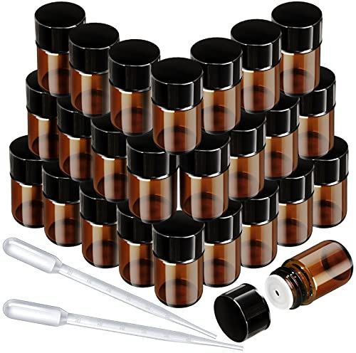 FANDAMEI 2 ml Braune Leere Glasflaschen, Fläschchen für Ätherische Öle, Mini Glasflasche mit Tropfer, Orifice Reducers, Perfekt für Ätherisches Öl, Spa, Massage, Aromatherapie, 25 PCS