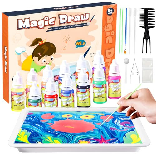 Joycabin Marmorierfarbe Bastelset Set für Kinder, 12 Farben Kinder Bemalen Set, Magic Paint Set für Mädchen und Jungen, Kunst und Handwerk, Geburtstagsgeschenk