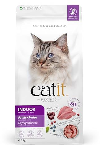 Catit Recipes Indoor Poultry Natural Dry Cat Food, Grain Free Dry Food for Indoor Cats, Dried Cat Kibble with Liver, Taurine & Omega 3, 2kg Bag