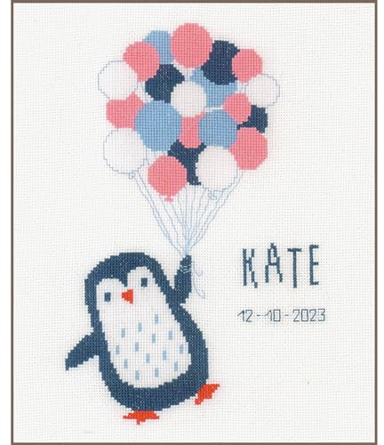 Vervaco Gezählter Kreuzstich Stickpackungen Stickset Baby Geburt Hallo Pinguin Wanddekoration Handarbeit Set für Erwachsene Kreatives Handwerk ca. 22 x 30 cm Geburt Geschenk Hausdeko