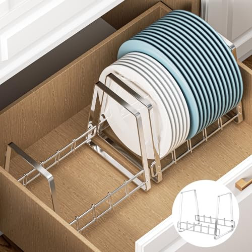 WAYASI Tellerständer, Tellerhalter Ständer, Abtropfgestell-Geschirr Edelstahl, Küche Schrank Schublade Teller Organizer, Geschirrständer, Tellerregal Pfannen Topfdeckel Schneidebrett Aufbewahrung
