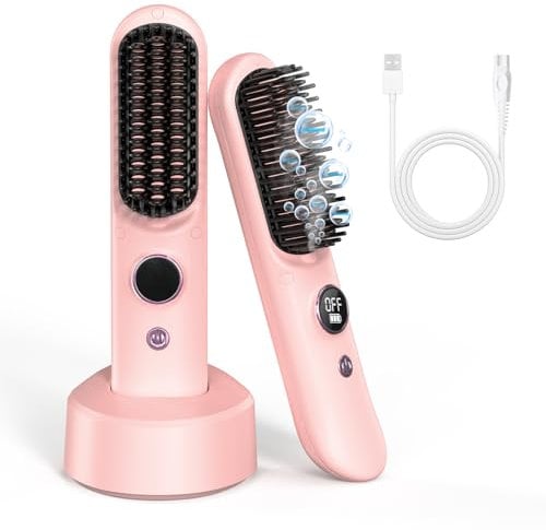 Zirzoe Cordless Heated Hair Brush, Portable Hair Straightener Brush 8400mAh USB Rechargeable, ON The GO Mini Hair Straightening Comb 9 Temps Fast Heating, Anti-Scald, Pink