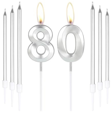 mciskin Silver 80 Birthday Candles-3D Number 80 Candle for Cake with 6pcs Long/Thin Candles Set,Silver Cake Topper for Women Men 80th Birthday Decorations Supplies,80th Wedding Anniversary Décor