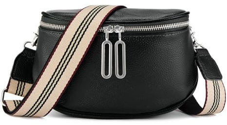 ZOUIQSS Damen Bauchtasche Echtleder Umhängetasche Breiter Riemen Umhängetasche Elegante Handtasche Stylische Brusttasche(schwarz)