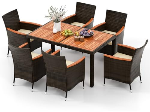 TANGZON Outdoor Rattan Dining Set, Patio Acacia Wood Table and Chairs with Soft Cushions & Parasol Hole, 5/7/9PCS Garden Furniture Set for Backyard, Balcony, Poolside (7PCS, with Stackable Chairs)