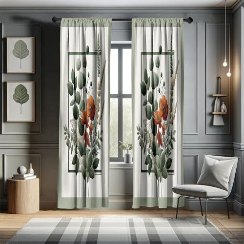 ABAKUHAUS Botanico Tenda a Pannello Set di 2, Mazzo di Papaveri Bohemien, Trattamento della Finestra per Stanza e Camera da Letto, 150 cm x 245 cm, Arancia Bruciata Verde Lauro