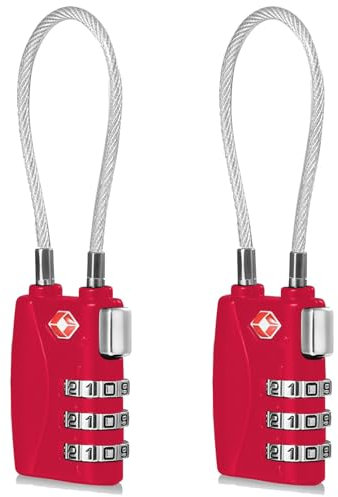 CFMOUR TSA Locks - 1, 2, 3, 4, 5, 6 Pack 3-Dial Travel Cable Combination Security Padlock for Suitcase Luggage Case Bag Code Lock - Red (Pack of 2)