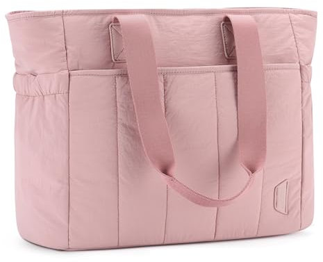 VASCHY Cabas Femme, Léger Sac à Main Matelassé Femmes 15,6 Pouces Sacoche Ordinateur Grande Capacité Sac de Cours avec Fermeture Éclair pour Travail/École/Voyage/Achats Rose