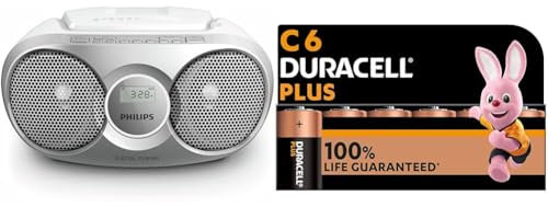 Philips Audio Az215S - Lecteur CD Portable (Facile Ã€ Utiliser pour Enfants - Radio FM - Entrée Auxdio) Argent & Duracell Plus C LR14 MN1400 Lot de 6 Piles alcalines 1,5 V