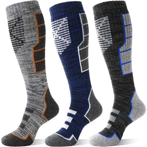 MOSEY KOSY 3 Pairs Unisex Merino Wool Ski Socks Thermal Warm Winter Thick Knee High Long Athletic Socks for Hiking Skiing(Blue-gray Series,7-11)