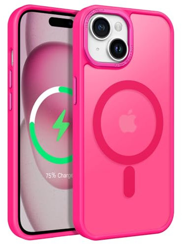 GUAGUA Coque pour iPhone 15 Compatible avec MagSafe Protection Antichoc Qualité Militaire Dos Anti Rayures Étui Housse Arrière Translucide Givrée Anti-Empreintes Digitales 6.1(Rose Vif)