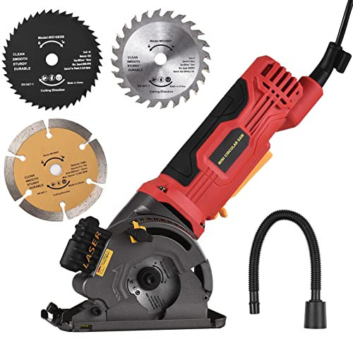 580W 3700RPM Mini Circular Saw Corded 4.8 Amp Electric Compact Circular Saw with Laser Guide Scale Ruler Vacuum Port 3 Blades for Cutting Wood Tile Plastic Soft Metal
