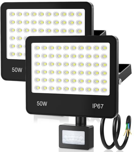 HAPYLUMI 50W Projecteur Exterieur LED Detecteur de Mouvement, 2 Pièce 5000LM 6500K Spot LED Extérieur Avec Detecteur IP67 Etanche Éclairage de Sécurité Extérieur pour Jardin Patio Terrasse