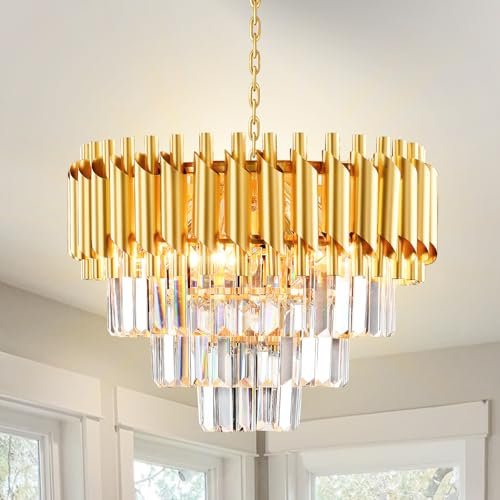 Kronleuchter Golden Crystal Kronleuchter Lights, Modern Crystal Pendant Light, 3-Tier Raindrop Chandelier Light Fixture, 5 x E14 Lichter, für Wohnzimmer, Esszimmer, Schlafzimmer, Restaurant, Ø40 cm