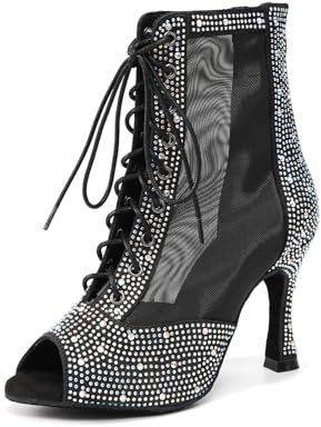ZYXWVU Stivali da Ballo Latino Donna Punta Aperta Strass Stivaletti | Tacchi da 9 cm Latino Americano Salsa Tango Bachata Stivali da Ballo