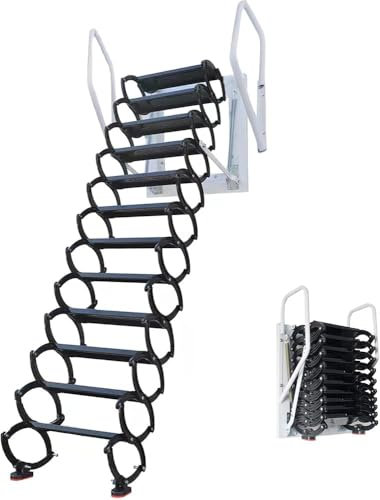 Ausziehbare Klappleiter mit Armlehnen, Wandmontage, schwarze Treppe für Dachboden, zusammenklappbare Stufen, Größe 3,1, 3,3 m