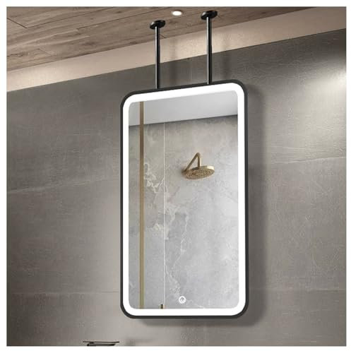 YINMAN An Der Decke Hängender Quadratischer Spiegel, Badezimmer-Kosmetikspiegel Mit Metallrahmen Und Deckenstange, Beleuchteter Wandspiegel Mit Touch-Taste, for Hotelzimmer(Black,60x90cm)