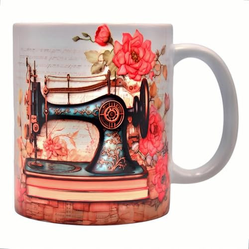 Shopi Zone Taza de Cerámica con Diseño de Máquina de Coser Vintage y Flores - Estilo Retro y Elegante para Amantes de la Costura