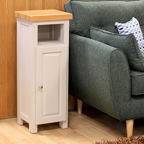 GROF Slim Display Cabinet, Snow White Painted Storage Unit with Oak Top, Narrow Side Table for Living Room and Hallway, W33 x D30 x H80 cm (Grey 1)