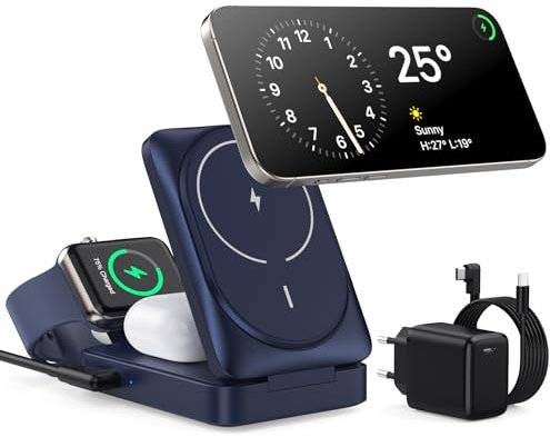 Estación de Carga inalámbrica 3 en 1 para mag-Safe, Certificación Qi2 Cargador magnético inalámbrico Plegable, Soporte de Carga de Viaje mag-Safe para iPhone 16/15/14/13/12, AirPods, Apple Watch