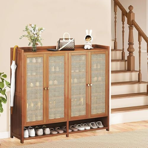 Mehrschichtiger Schuhschrank, Rattan-Schuhschrank, 120 cm, Schuhschrank für Eingänge, Korridore, Flur, Wohnzimmer, Schlafzimmer, 4-türig, Holzmöbel mit reichlich Stauraum
