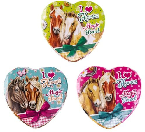 Magisches Handtuch Pferd mit Herz I Love Horses (3er Set) 30x30 cm - Zauberhandtuch Pferde, Kinder Handtuch für Pferdeliebhaber, Kindergeschenk, Ostergeschenk, Wichtelgeschenk